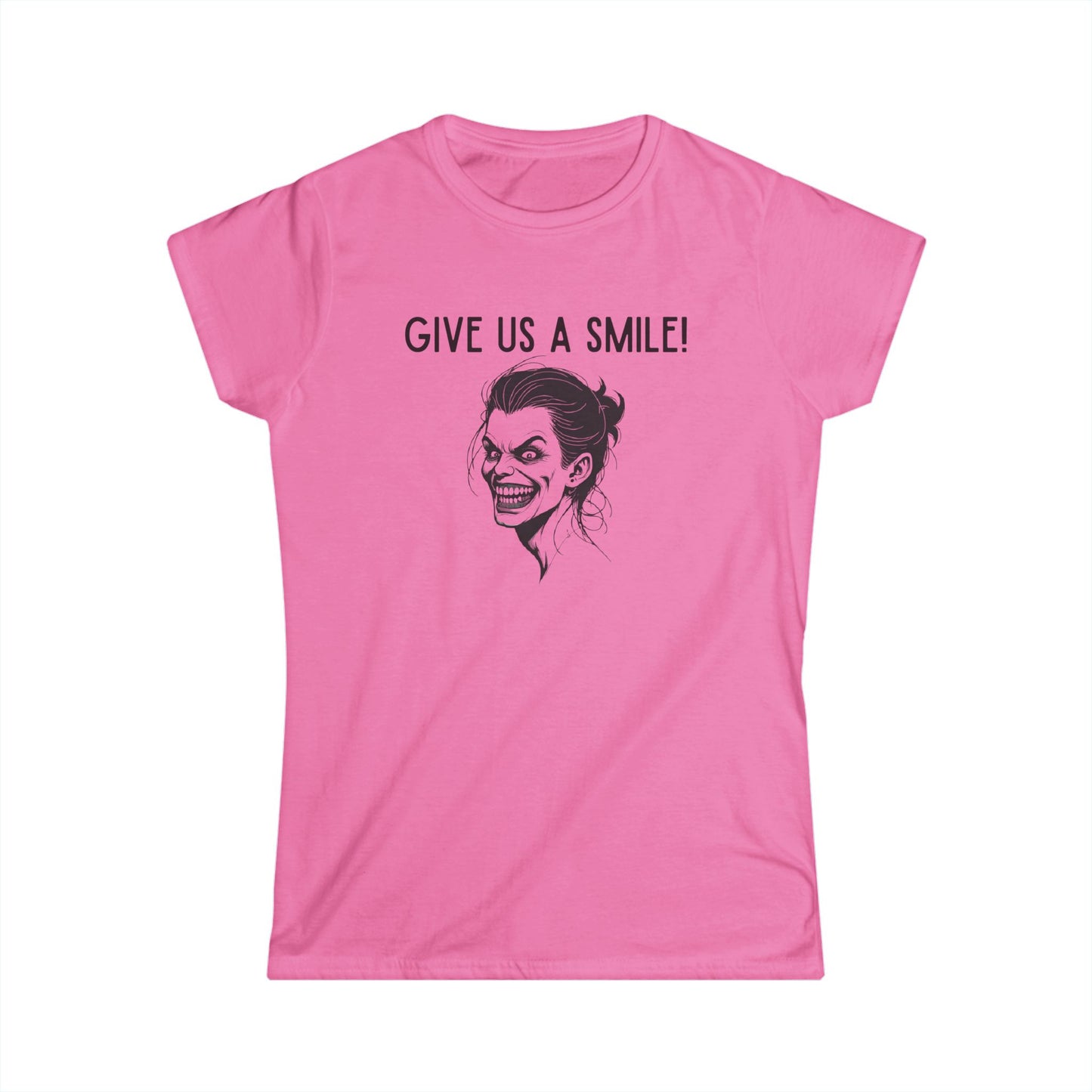SMILE Women's Graphic Tee - 'Give Us A Smile!' Funny Shirt, Casual Wear, Gift for Her, Quirky Style, Halloween Costume
