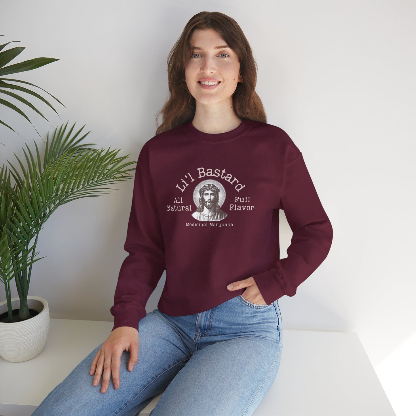 'Lil' Bastard' Jesus Marijuana Print, Perfect for Casual Style, Gift for Friends, Humor Apparel, Unisex Sweatshirt