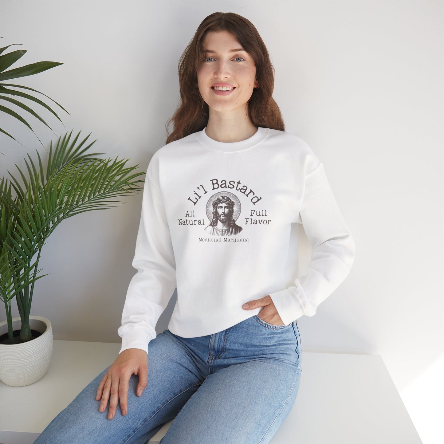 'Lil' Bastard' Jesus Marijuana Print, Perfect for Casual Style, Gift for Friends, Humor Apparel, Unisex Sweatshirt