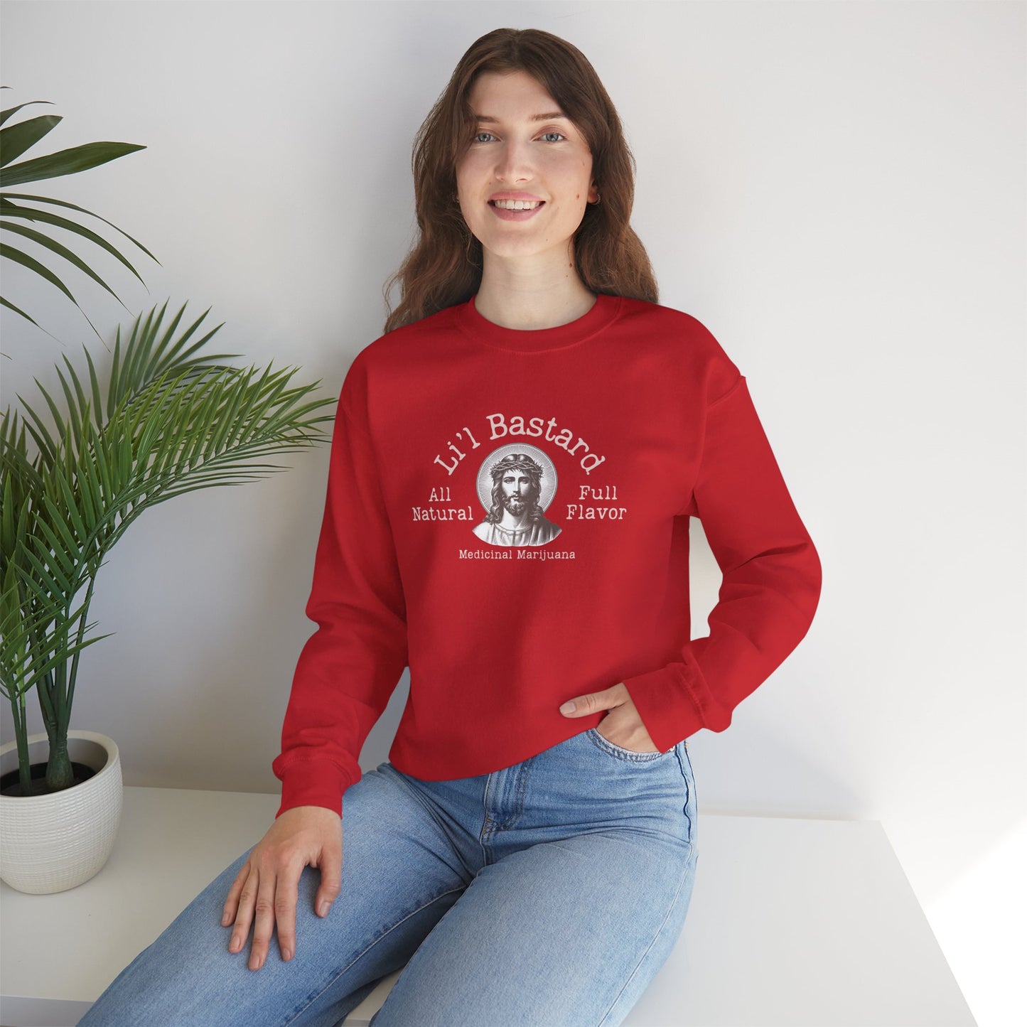 'Lil' Bastard' Jesus Marijuana Print, Perfect for Casual Style, Gift for Friends, Humor Apparel, Unisex Sweatshirt
