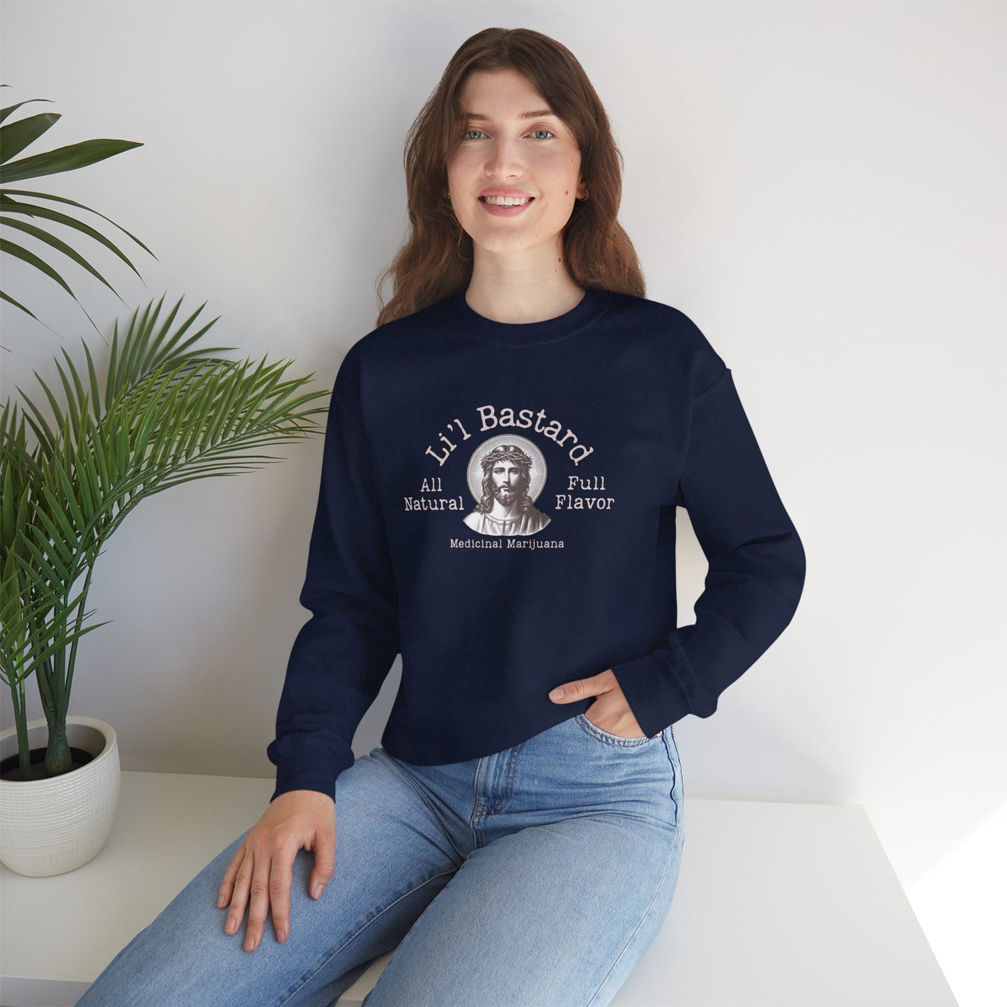 'Lil' Bastard' Jesus Marijuana Print, Perfect for Casual Style, Gift for Friends, Humor Apparel, Unisex Sweatshirt