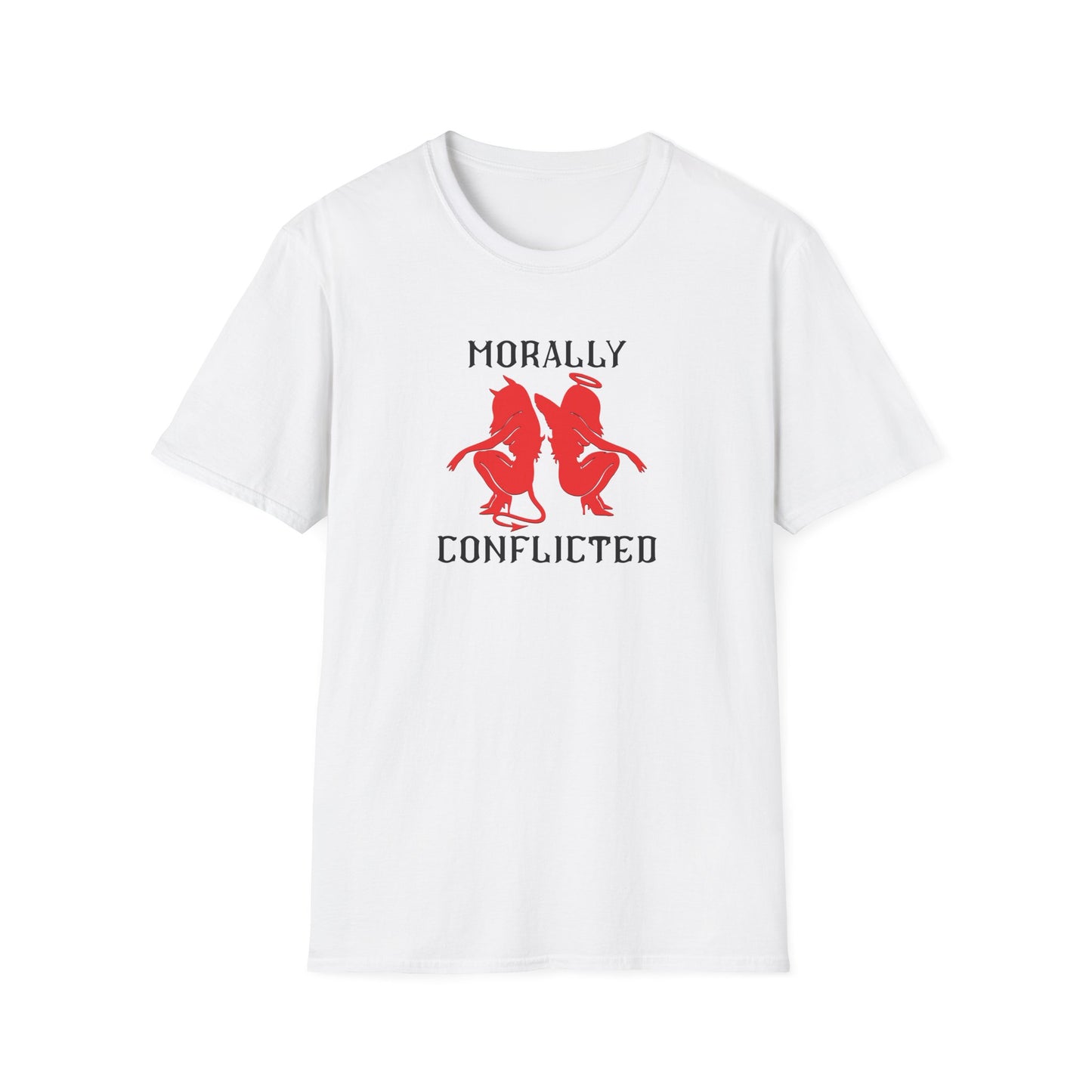 Morally Conflicted Unisex Softstyle T-Shirt - Quirky Graphic Tee, Gift for Friends, Casual Wear, Fun Statement Shirt, Unique Humor Apparel