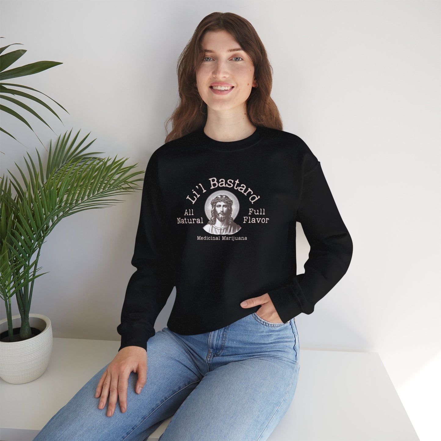 'Lil' Bastard' Jesus Marijuana Print, Perfect for Casual Style, Gift for Friends, Humor Apparel, Unisex Sweatshirt