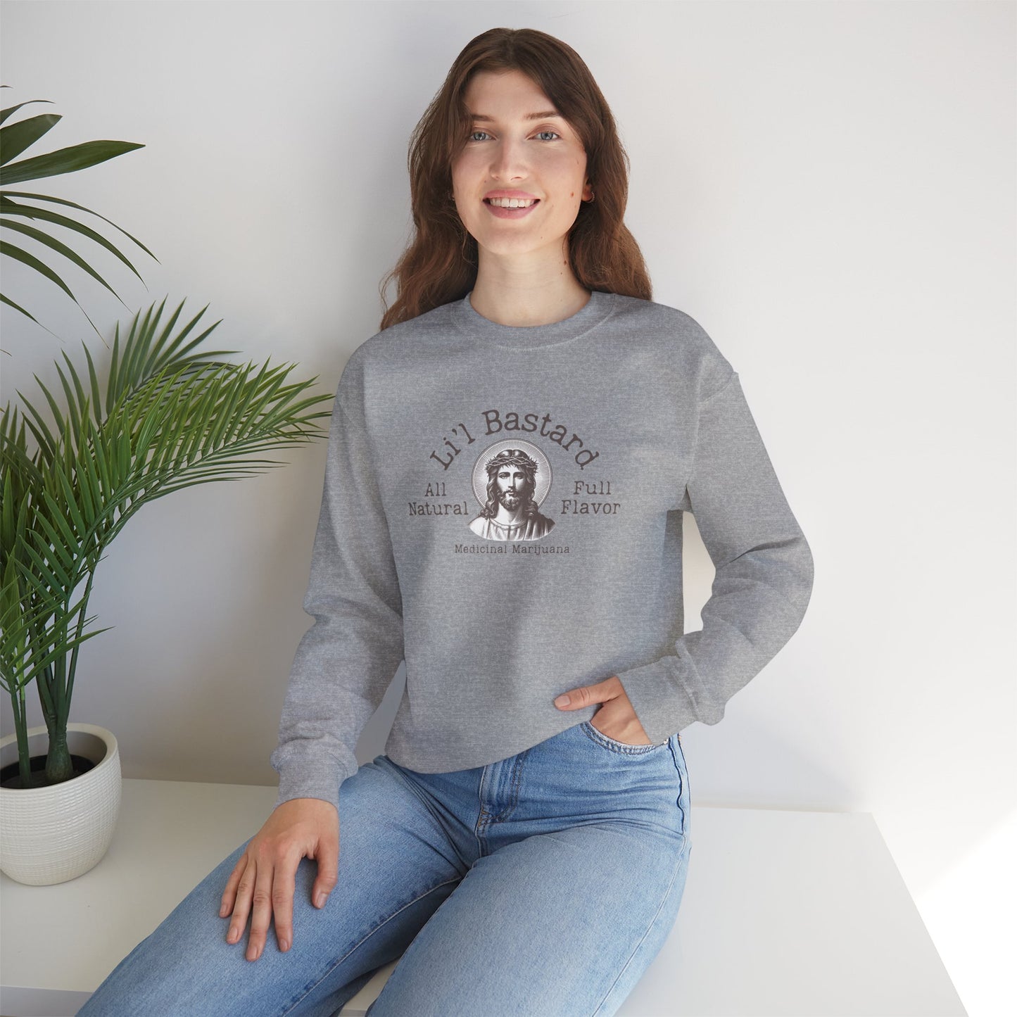 'Lil' Bastard' Jesus Marijuana Print, Perfect for Casual Style, Gift for Friends, Humor Apparel, Unisex Sweatshirt