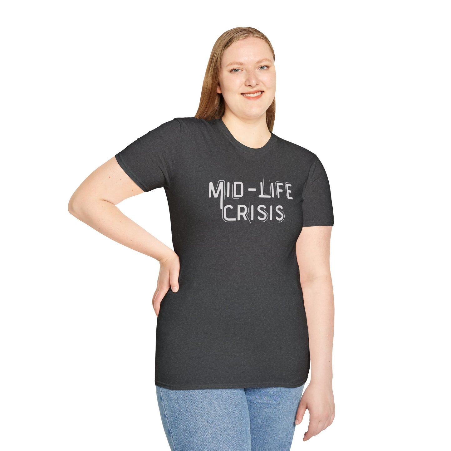 Mid-Life Crisis Unisex Softstyle T-Shirt, Funny Gift for Birthdays, Casual Wear, Humor Shirt, Great for Parties, Self-Care Tees