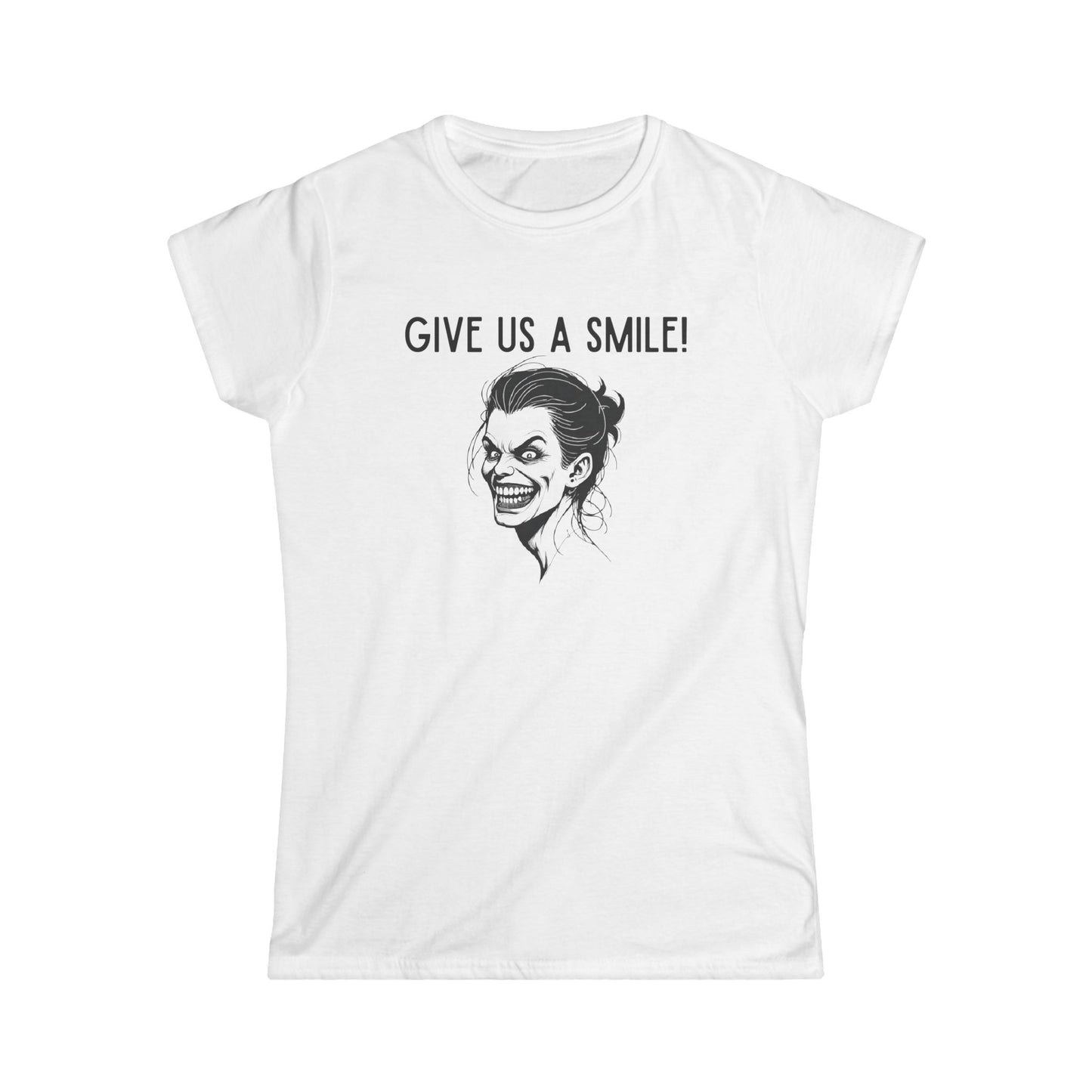 SMILE Women's Graphic Tee - 'Give Us A Smile!' Funny Shirt, Casual Wear, Gift for Her, Quirky Style, Halloween Costume
