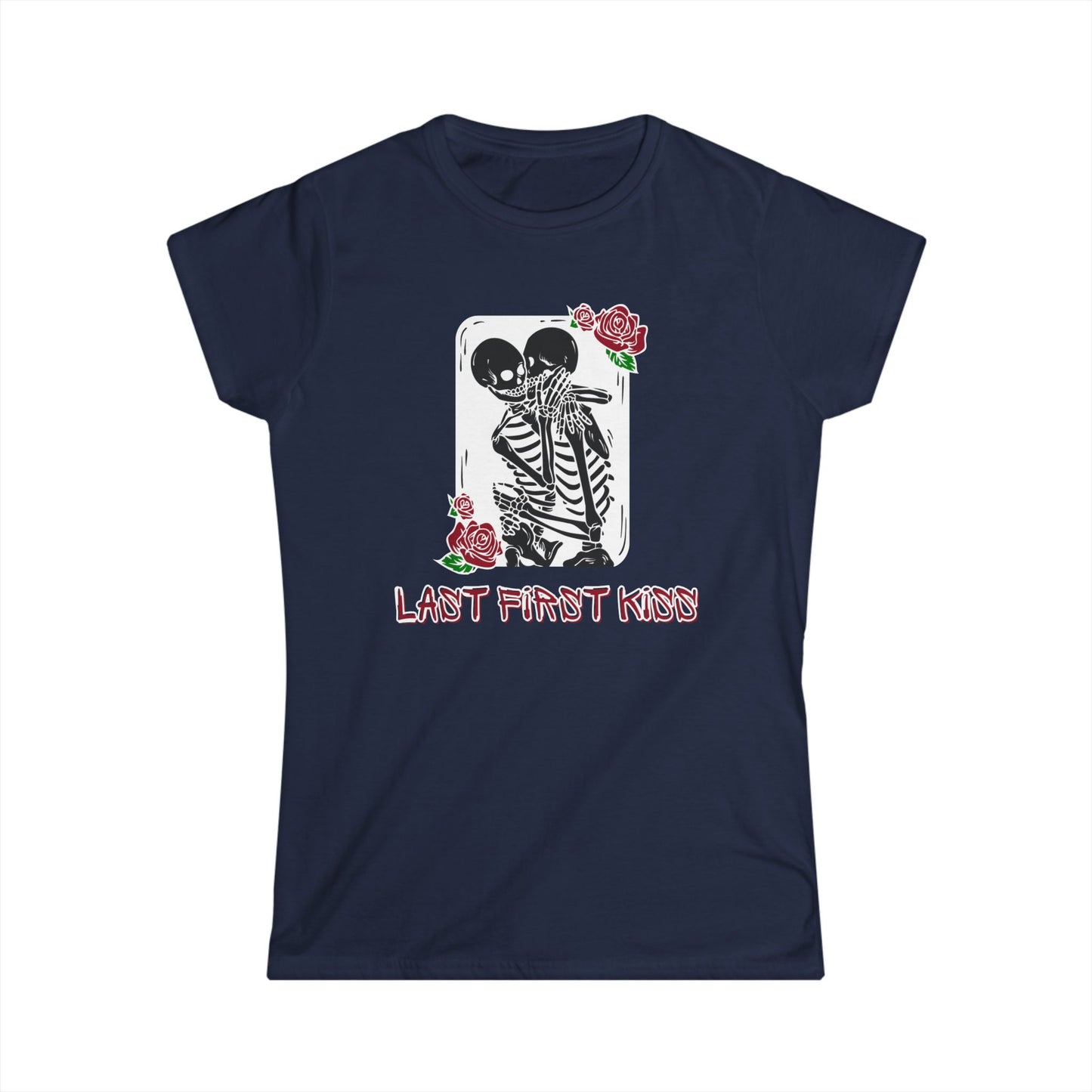 Last First Kiss Skeleton Love Women's Tee, Casual Halloween T-Shirt, Cute Skeleton Shirt
