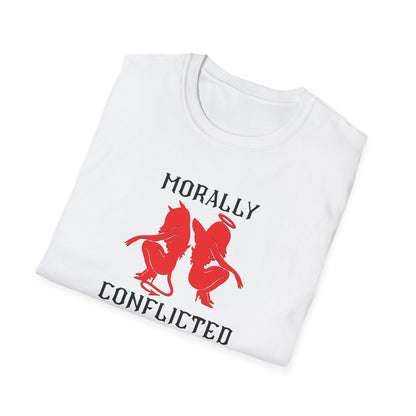 Morally Conflicted Unisex Softstyle T-Shirt - Quirky Graphic Tee, Gift for Friends, Casual Wear, Fun Statement Shirt, Unique Humor Apparel