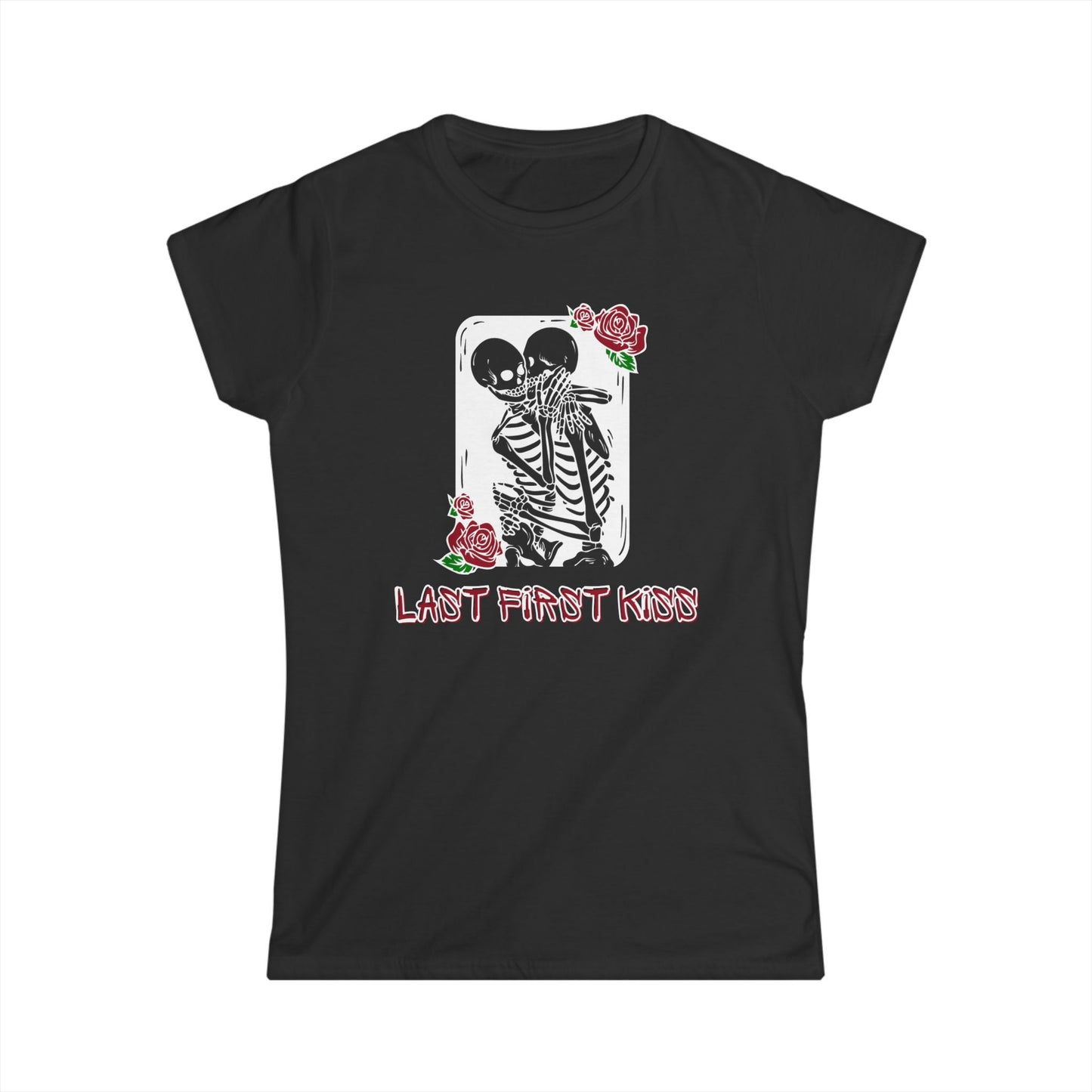 Last First Kiss Skeleton Love Women's Tee, Casual Halloween T-Shirt, Cute Skeleton Shirt